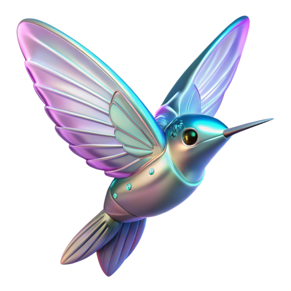 Iridescent Robotic Hummingbird A futuristic hummingbird crafted as a robotic design, its wings shimmering with iridescent colors in a digital world. png