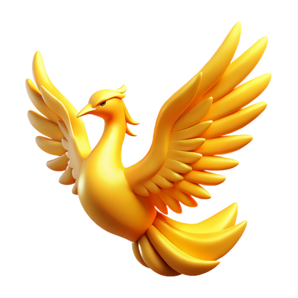 Golden Bird, Wings, Feathers, Flight A majestic 3D depiction of a golden bird in flight, highlighting its regal presence and shimmering beauty. png