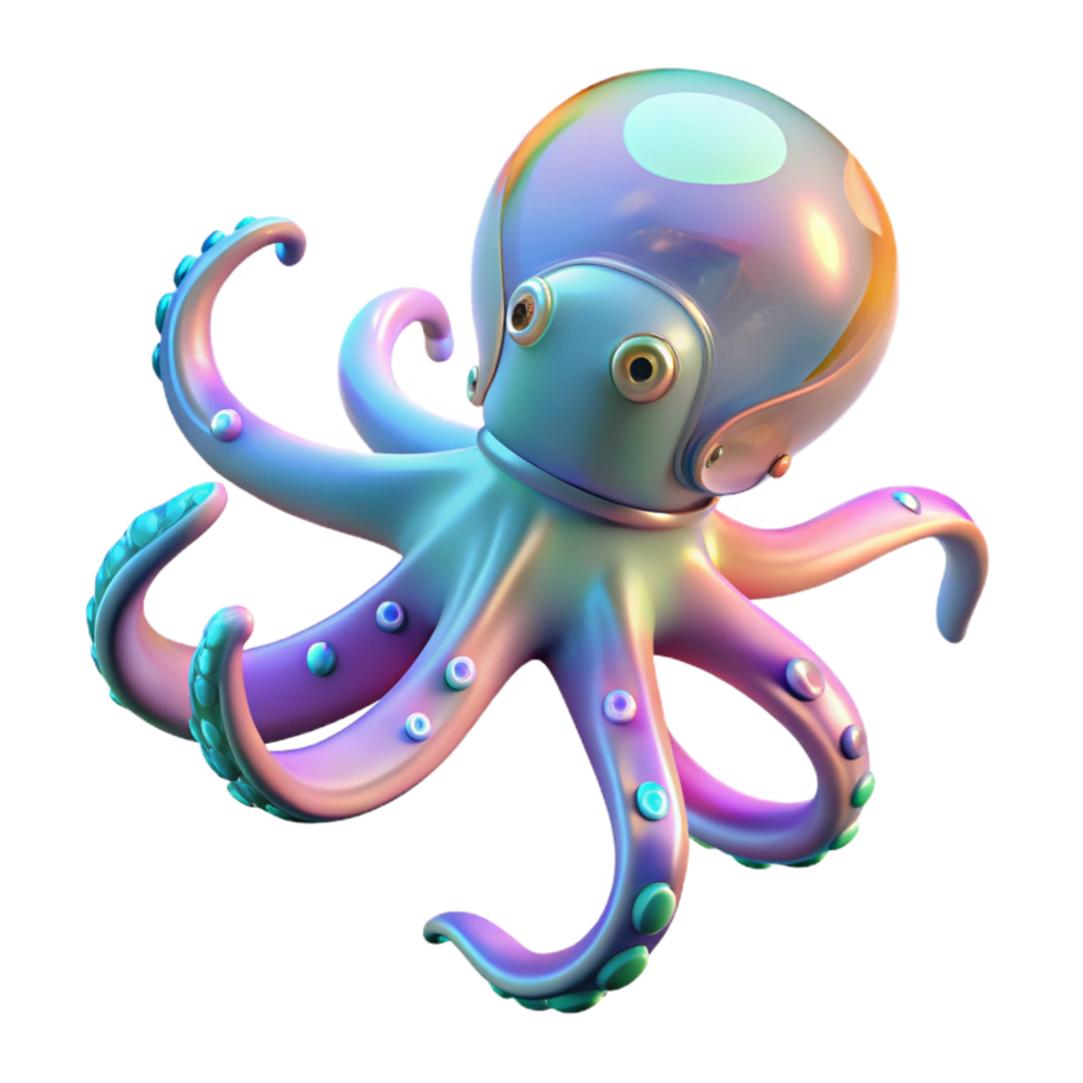 3D Render Iridescent Octopus A radiant octopus with iridescent colors, brought to life in a stunning three-dimensional render. png