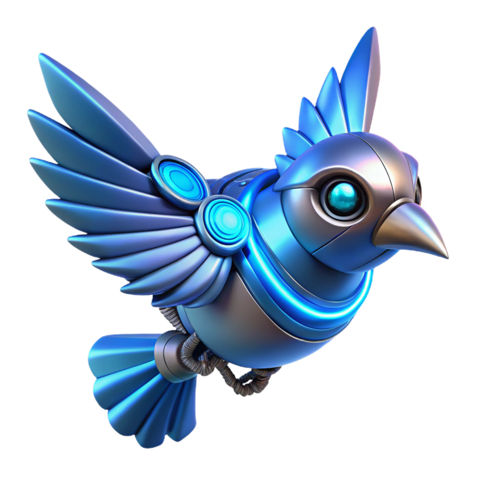 Cybernetic Bird Futuristic Flight A futuristic bird navigating the digital sky, its wings glowing with cybernetic energy in a digital world. png