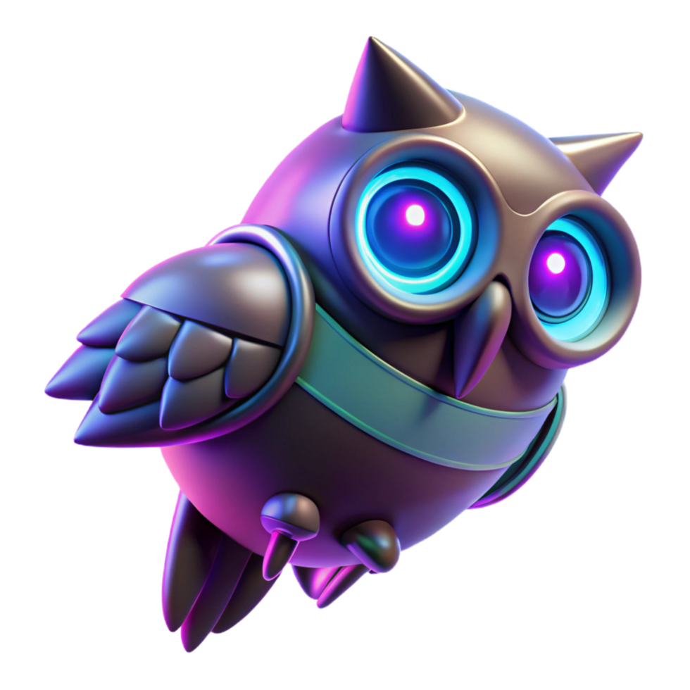 Neon Owl 3D Render A vibrant depiction of an owl glowing with neon colors, navigating the digital night. png