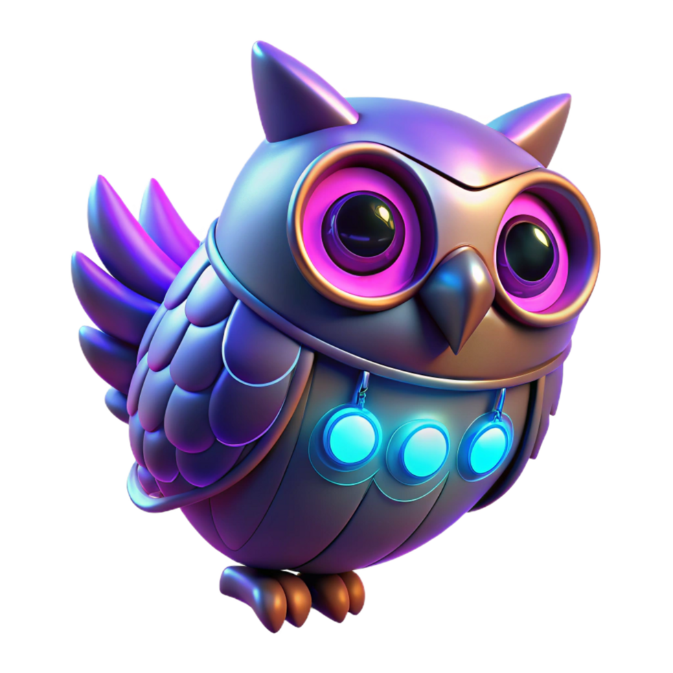 Cybernetic Owl 3D Render - A futuristic 3D render of an owl with cybernetic elements showcasing advanced mechanical design and sleek features png