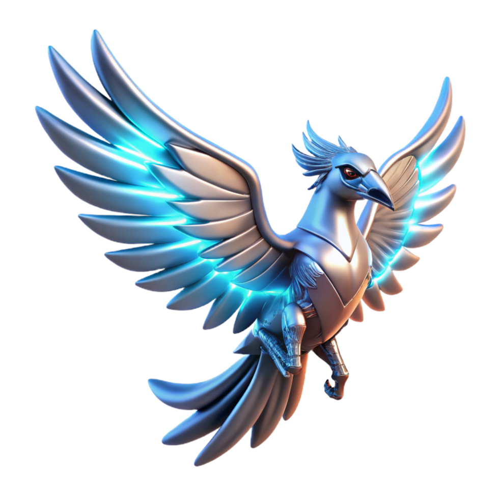 Metallic Bird, Wings of Light A futuristic bird with wings that glow with vibrant light, navigating the digital sky with precision. png