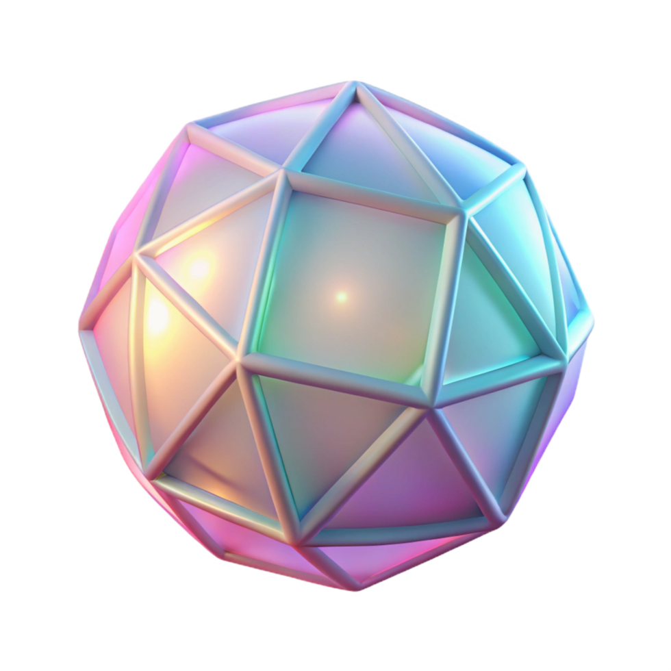 Abstract Geometric Sphere, Iridescent A conceptual 3D depiction of an abstract geometric sphere with iridescent features, focusing on vibrant colors and luminescent elements. png