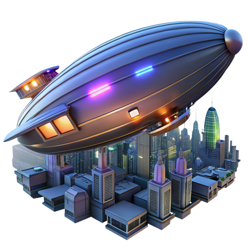 Futuristic Airship Over City A dynamic depiction of an airship navigating a world of cities, capturing the essence of innovation in a digital world. png