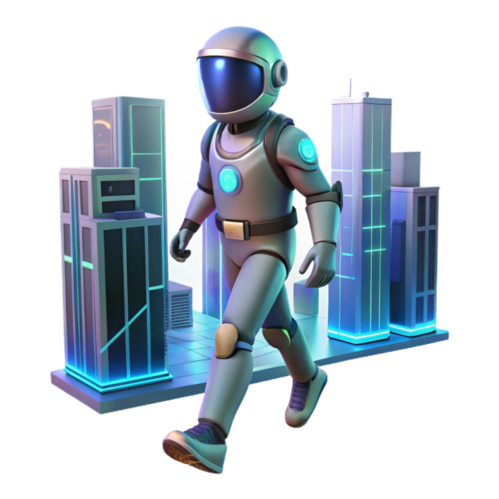Astronaut in Futuristic City A scene of cosmic exploration, featuring an astronaut navigating a futuristic city in a digital world. png