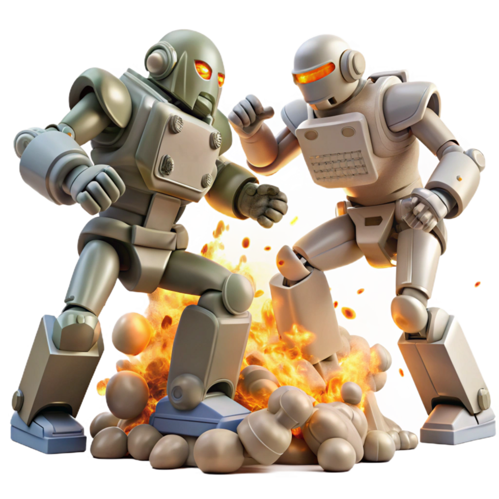 Robot Showdown Explosive Combat A dynamic 3D render of a robot showdown, capturing the essence of explosive combat and futuristic action. png
