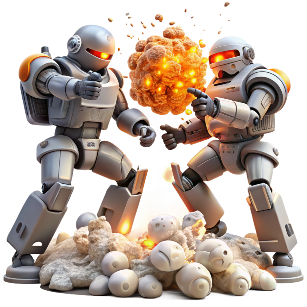 Robots Battle Explosive Showdown A dynamic depiction of robots navigating a world of battle, capturing the essence of combat in a digital world. png