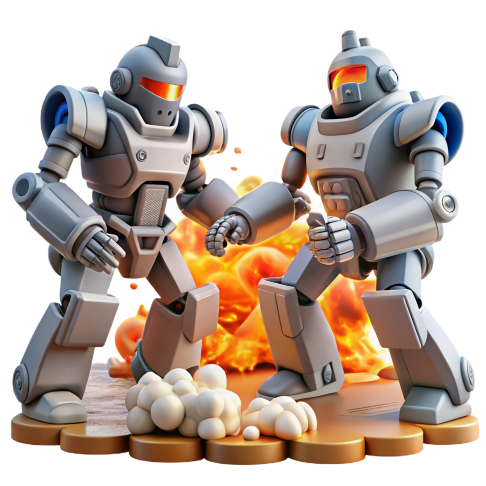Robot Showdown Mech Battle A dynamic scene of robots battling in a digital world, capturing the essence of conflict in a stunning render. png