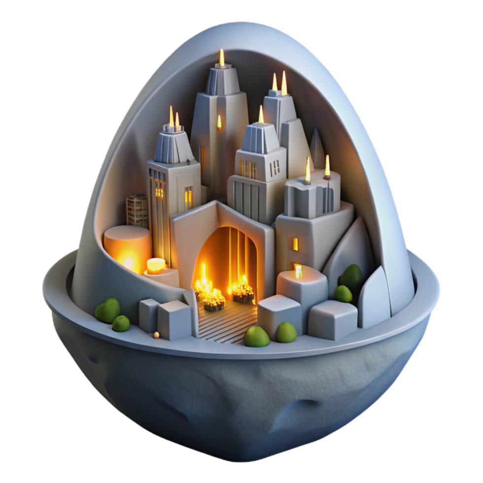 Miniature Cityscape in a Dome A whimsical 3D render of a miniature cityscape in a dome, capturing its magical atmosphere and enchanting design. png
