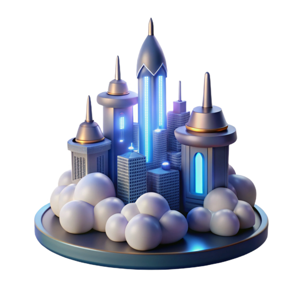 Futuristic Cityscape on Clouds A visionary depiction of a cityscape navigating a world of clouds, capturing the essence of urban innovation in a digital world. png