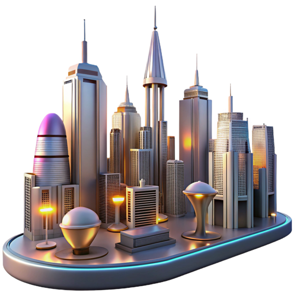 Futuristic Cityscape Model in a Visionary Three Dimensional Render of Urban Design png