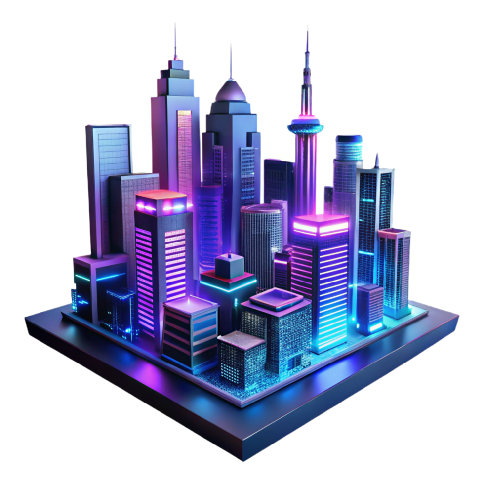 Neon Cityscape 3D Model A vibrant 3D model of a neon-lit cityscape, capturing the essence of urban life and modern aesthetics. png