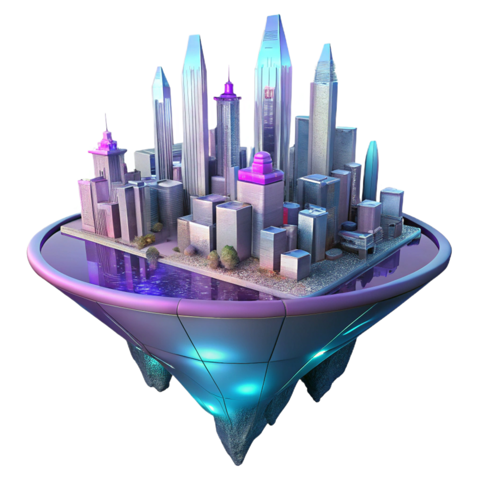 Floating Cityscape Urban Design A dynamic depiction of a cityscape floating in a digital world, capturing the essence of urban innovation. png