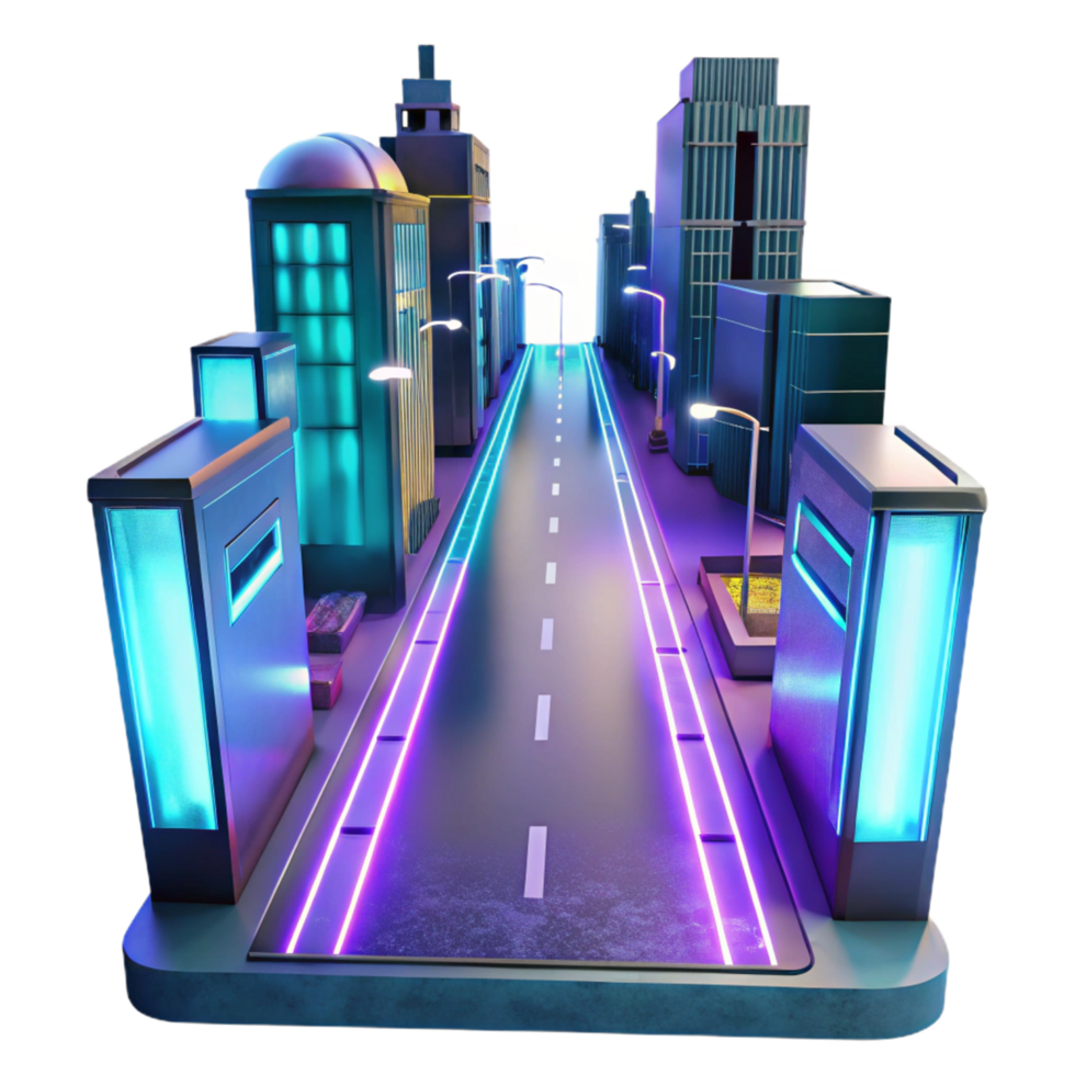 Neon City Street at Night A vibrant 3D depiction of a neon-lit city street at night, capturing the essence of urban life and modern aesthetics. png