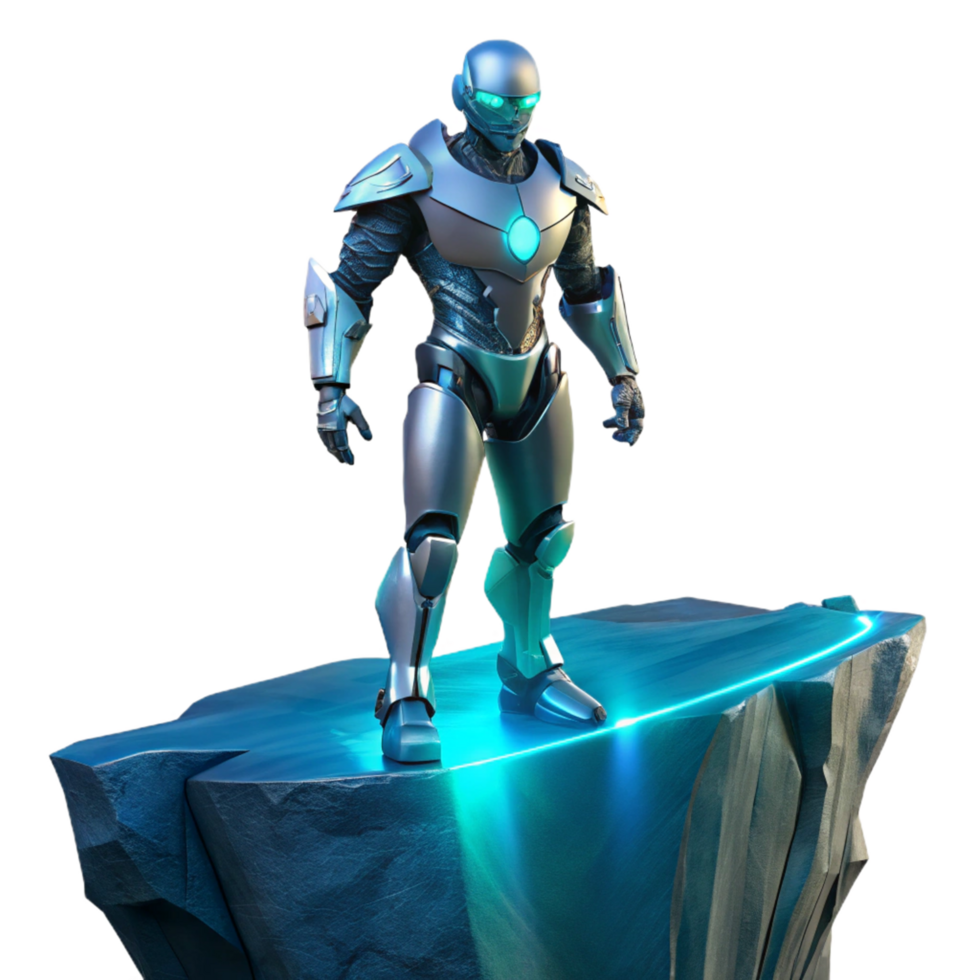 Cybernetic Soldier on Clifftop A dynamic depiction of a soldier navigating a clifftop, capturing the essence of adventure in a digital world. png
