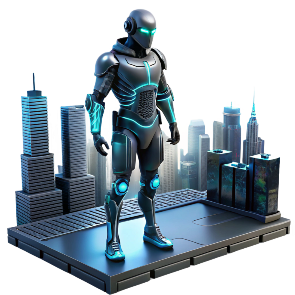 Cyberpunk Robot Cityscape in a Futuristic Three Dimensional Scene of Urban Design png