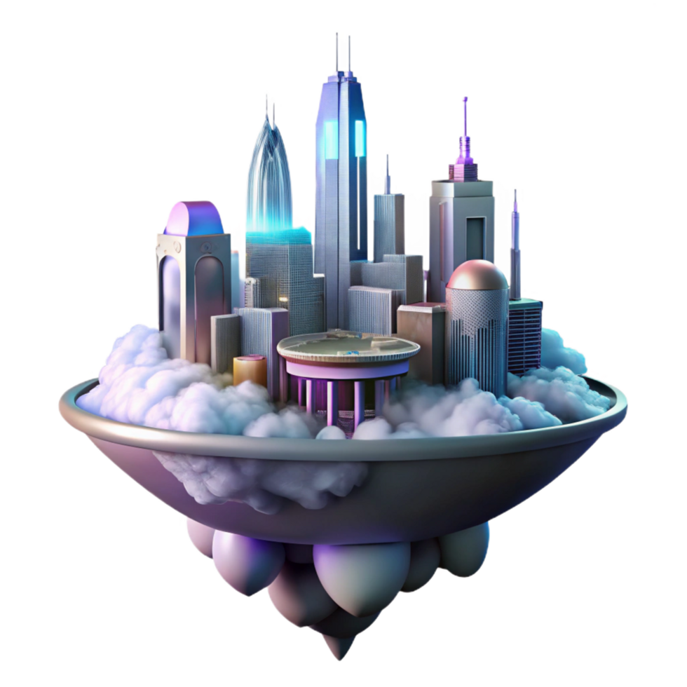 Futuristic City on Clouds A visionary depiction of a city navigating a world of clouds, capturing the essence of futuristic urban design in a digital world. png