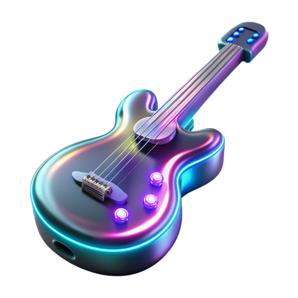 Neon Guitar Three Dimensional Render in a Vibrant Scene of Musical Design png