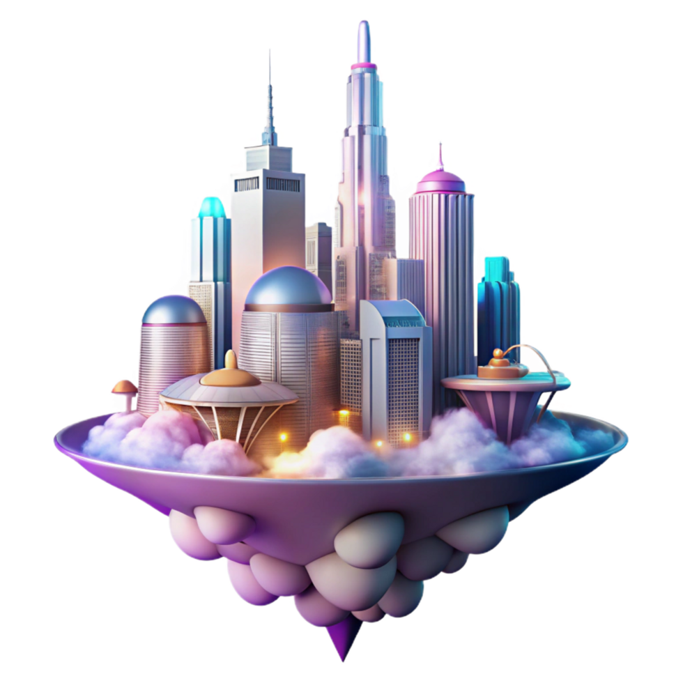 Futuristic City on a Cloud Island A visionary depiction of a city floating on a cloud island, capturing the essence of futuristic urban design. png