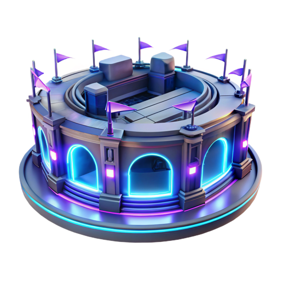 Neon Arena Circular Stage with Flags A dynamic depiction of an arena glowing with neon colors, capturing the essence of celebration in a digital world. png