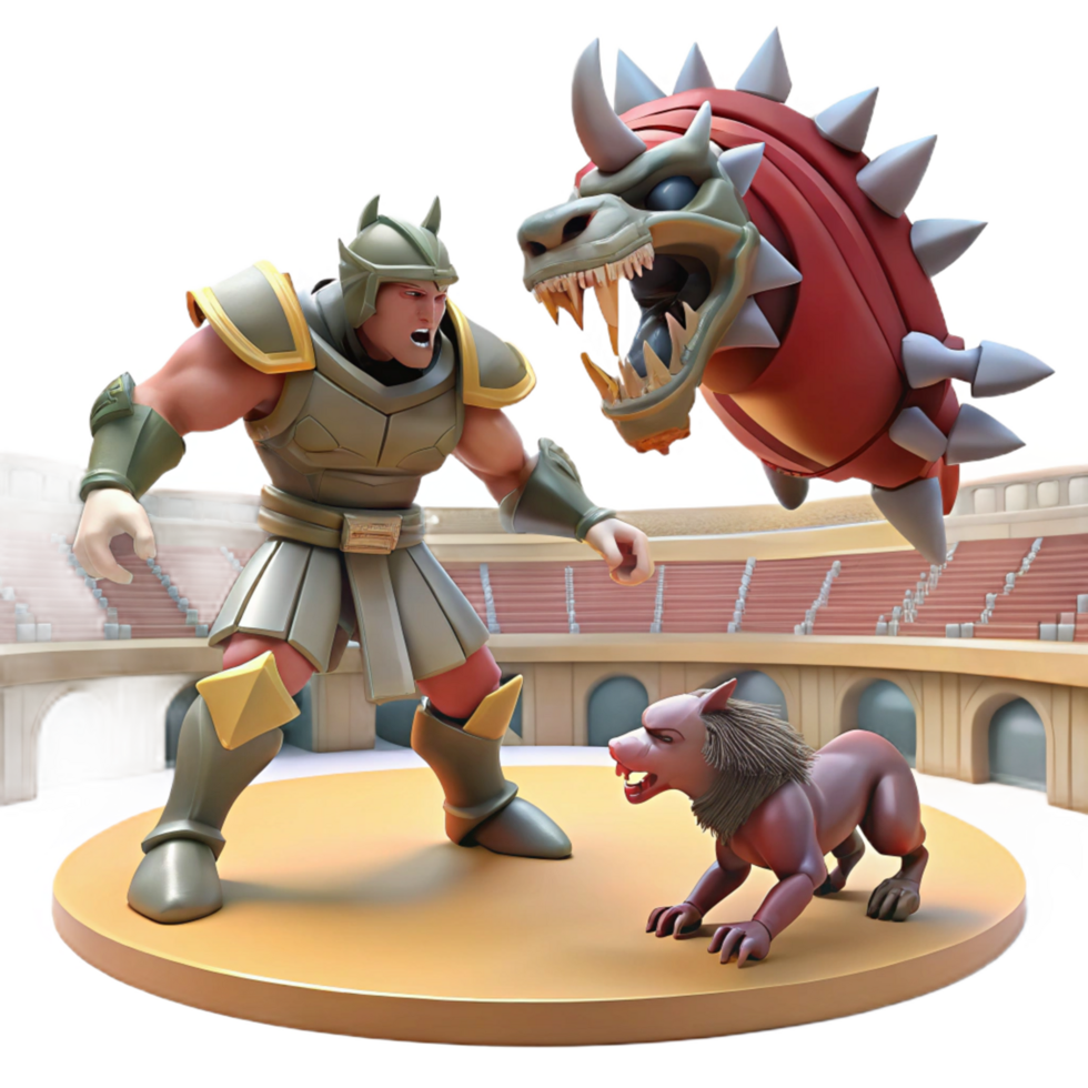 Gladiator, Beast, Arena Epic 3D Battle A dramatic scene of a gladiator battling a beast in an arena, captured in a stunning three-dimensional render. png