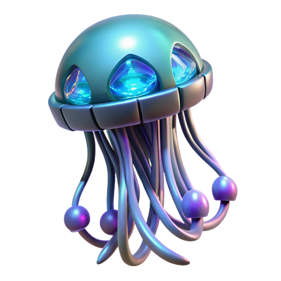 Futuristic Jellyfish 3D Render A luminous 3D depiction of a futuristic jellyfish, highlighting its glowing features and advanced design. png