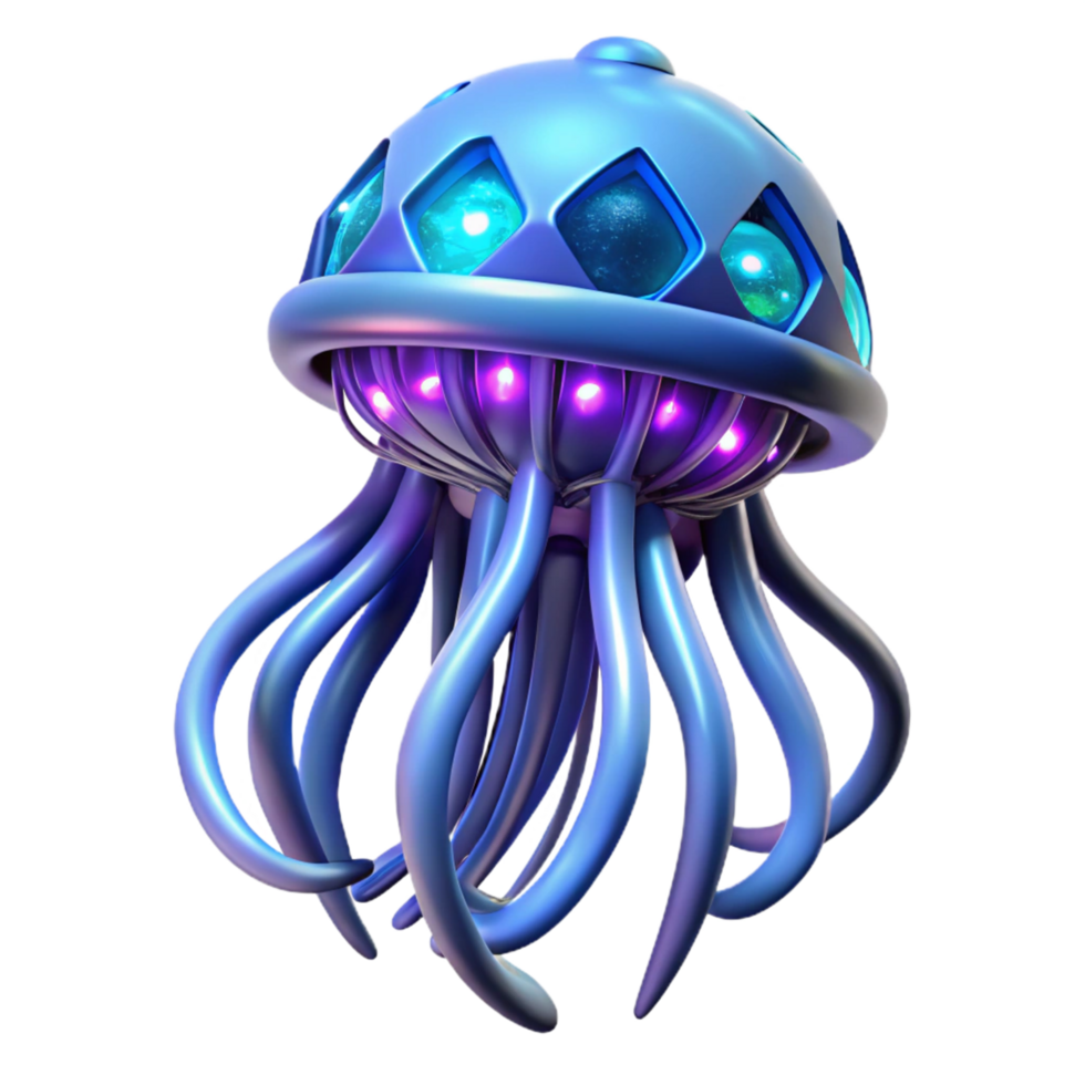 Glowing Jellyfish Robot A futuristic jellyfish crafted as a robot, its body glowing with vibrant colors in a digital world. png