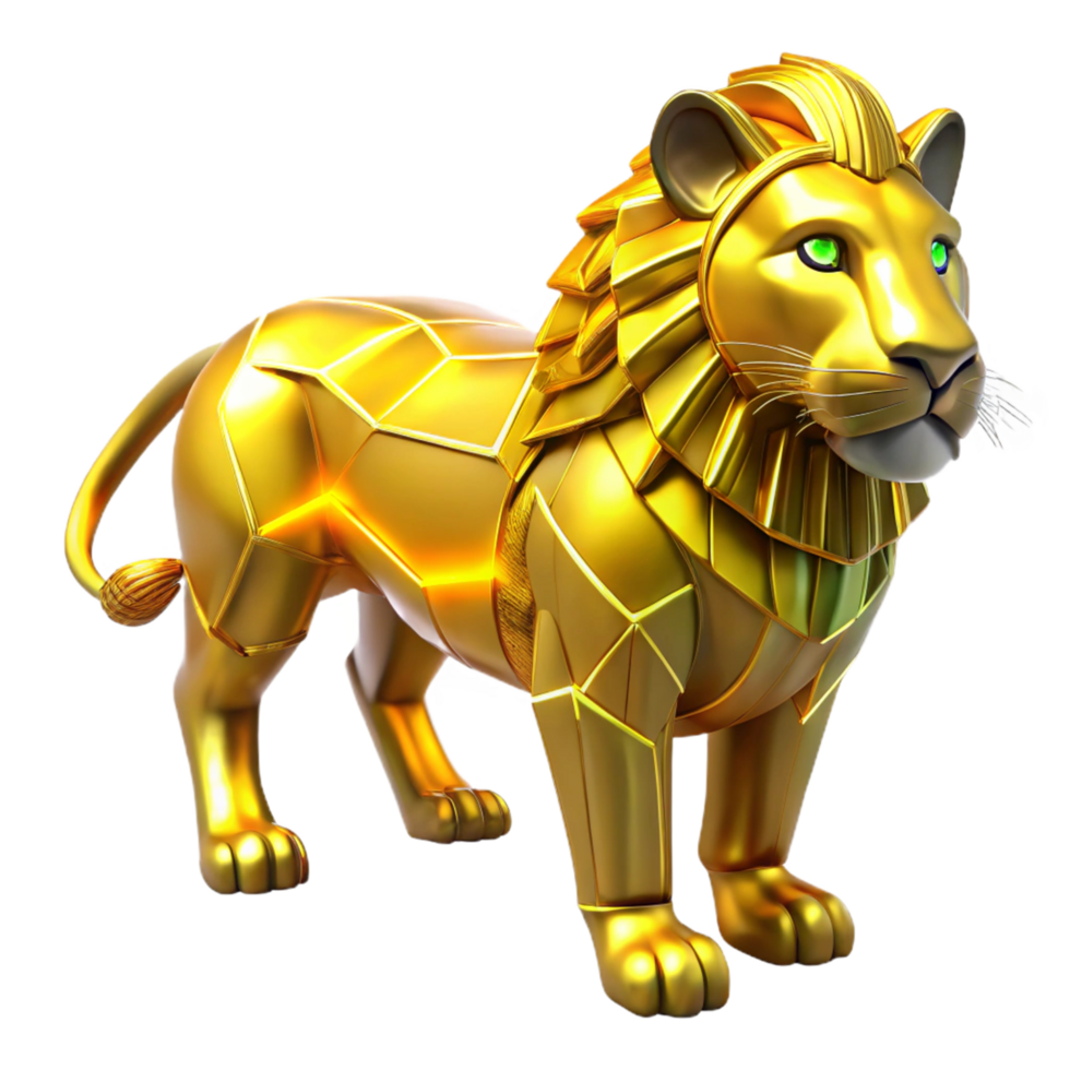 Golden Lion Geometric 3D Model - A majestic 3D model of a lion crafted in a geometric style highlighting its regal presence and modern aesthetic png