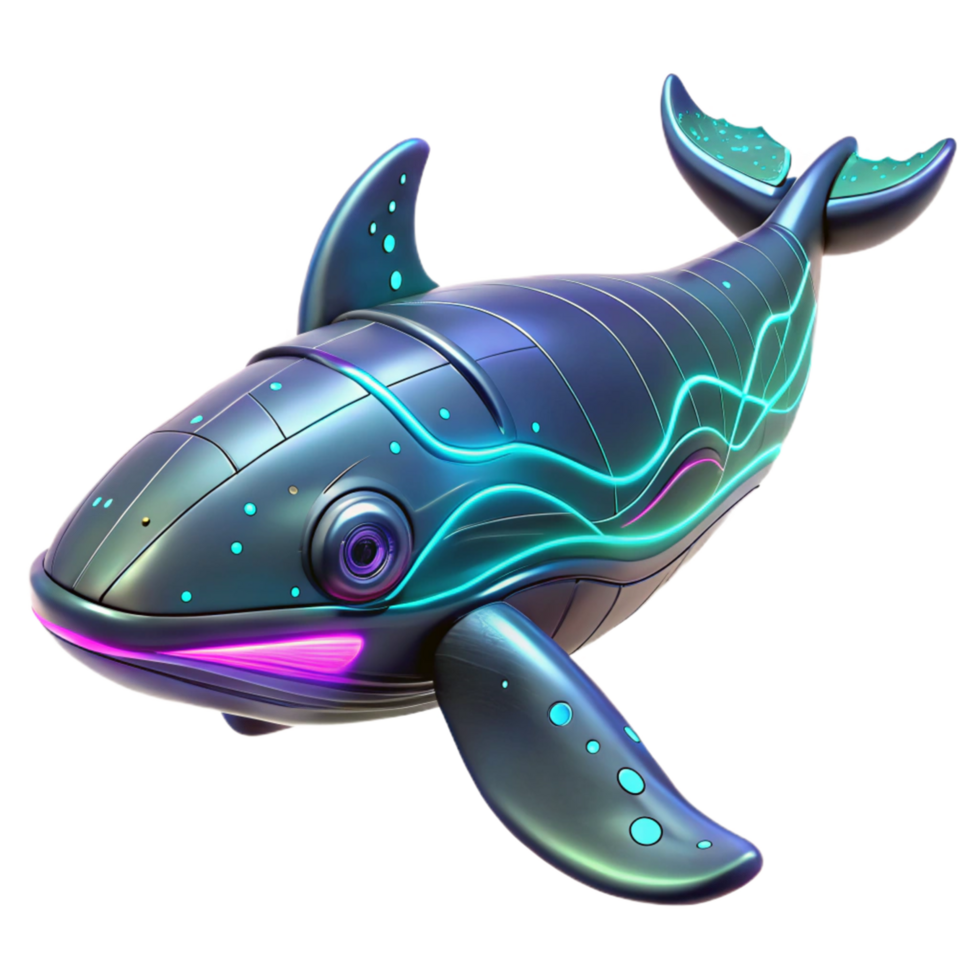 Neon Whale Robot 3D Render A vibrant depiction of a whale crafted as a neon robot, navigating the digital ocean in a stunning render. png
