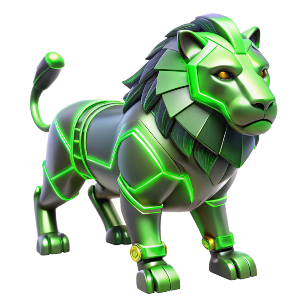 Robotic Lion Green Metal Beast A futuristic lion crafted from green metal, navigating the digital jungle with precision. png