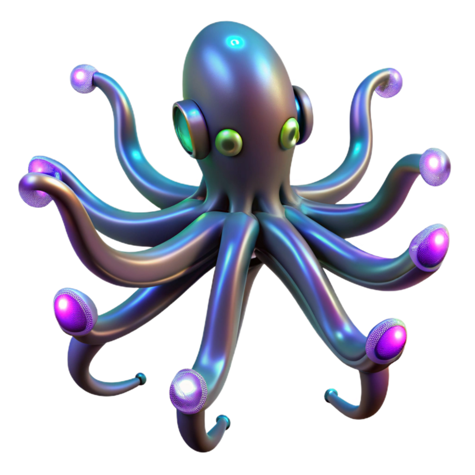 Iridescent Octopus 3D Render A stunning 3D depiction of an octopus with iridescent features, showcasing a spectrum of colors and ethereal beauty. png