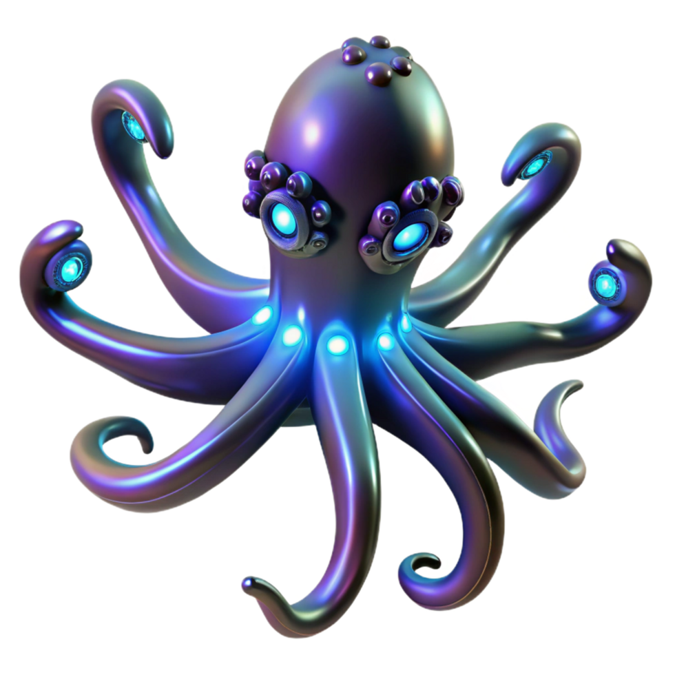 Cybernetic Octopus 3D Render A futuristic 3D depiction of a cybernetic octopus, showcasing its advanced design and mechanical features. png