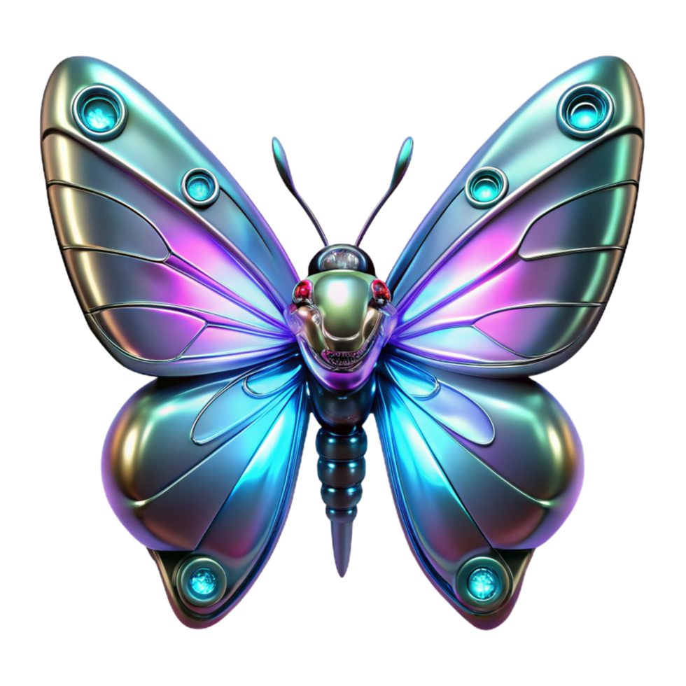 Robotic Butterfly Chrome Wings A futuristic 3D depiction of a robotic butterfly with chrome wings, showcasing its advanced design and mechanical features. png