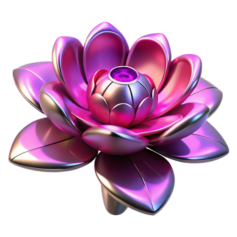 Metallic Lotus Flower 3D Render A radiant lotus flower crafted in a metallic design, its petals glowing with vibrant colors in a digital world. png