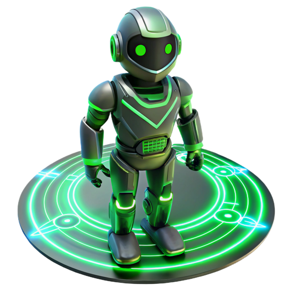 Green Robot on a Futuristic Platform in a Visionary Three Dimensional Scene of Design png