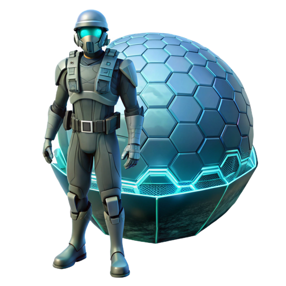 Futuristic Soldier Geodesic Sphere A dynamic 3D render of a futuristic soldier and geodesic sphere, capturing the essence of advanced technology and modern design. png