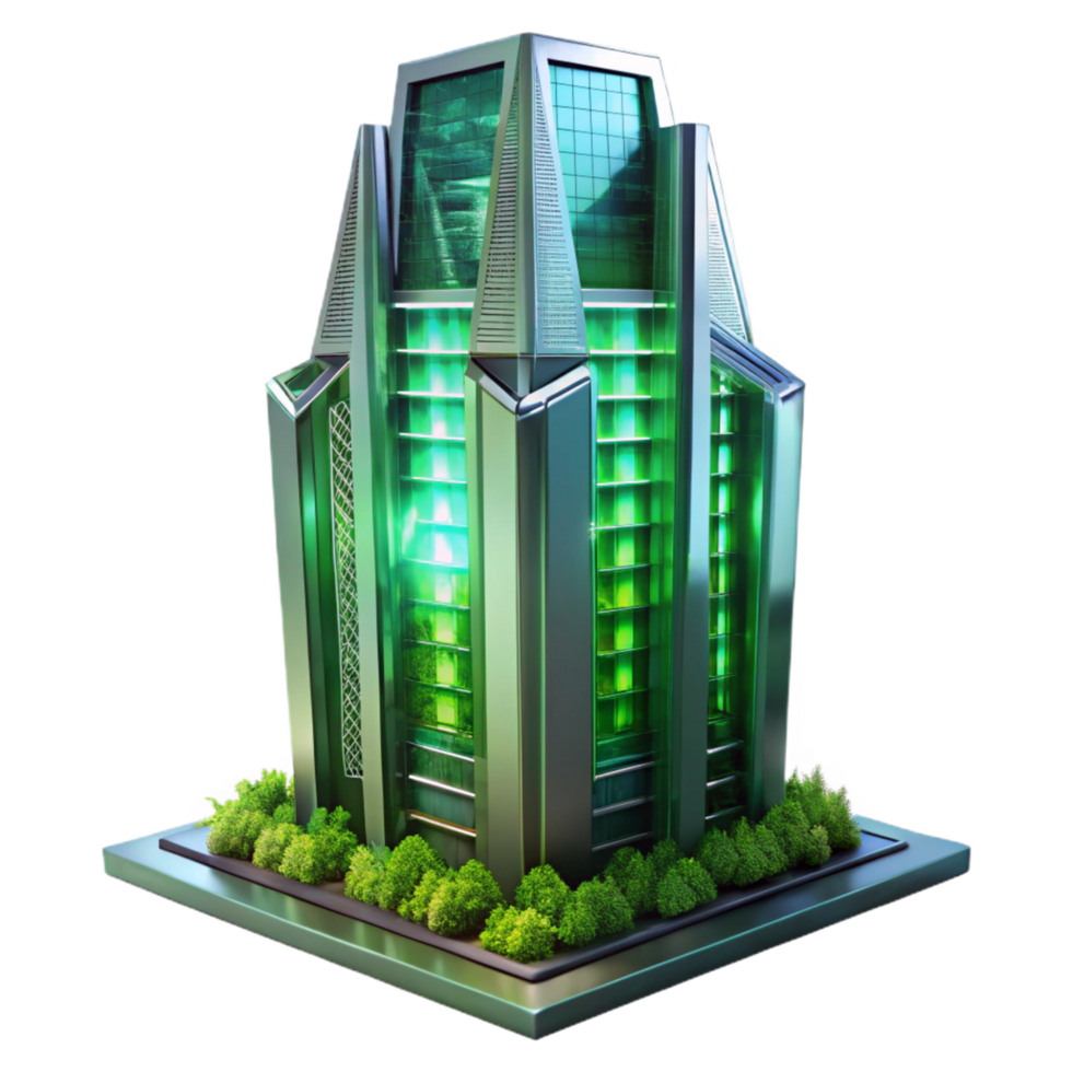 Futuristic Green Tower Design in a Visionary Three Dimensional Scene of Innovation png