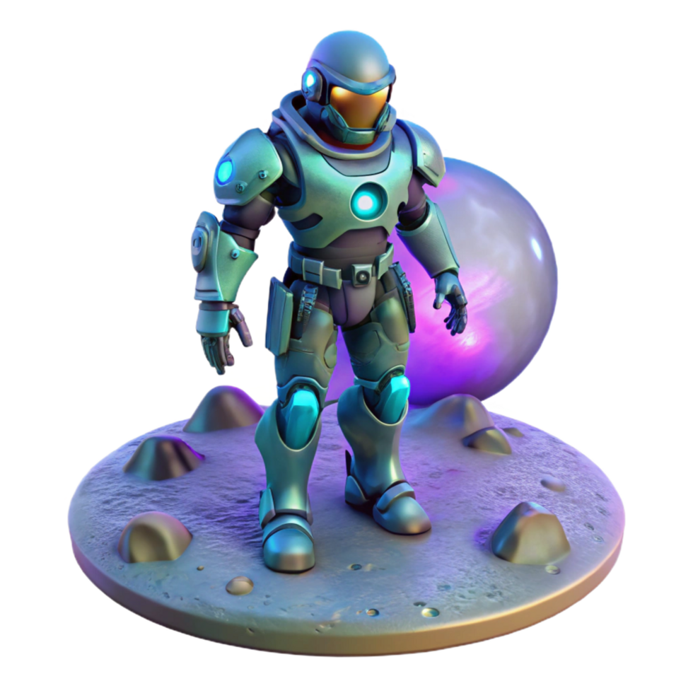 Futuristic Astronaut on Alien Planet A realistic 3D render of a futuristic astronaut on an alien planet, capturing the essence of space adventure and discovery. png
