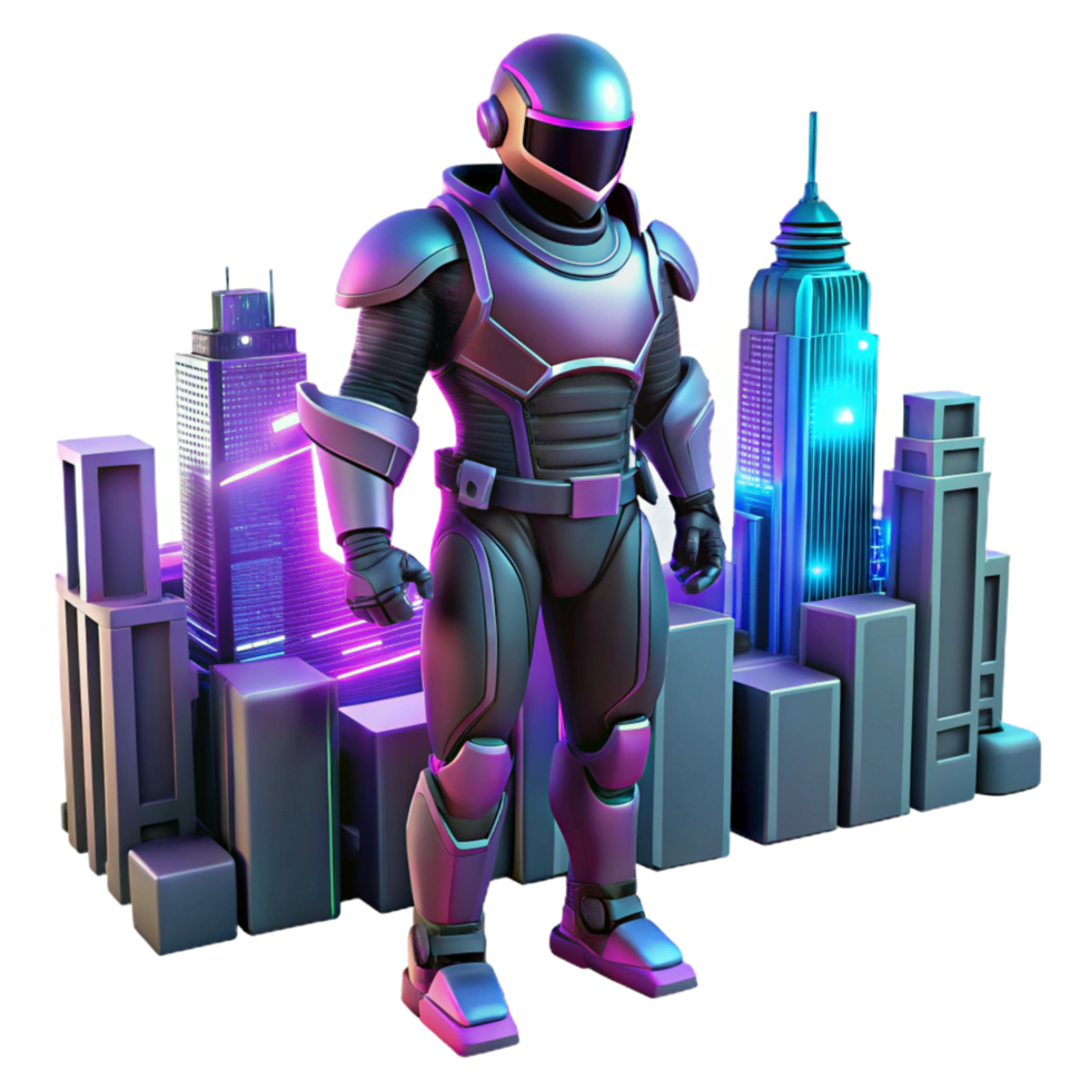 Cyberpunk City Mech Warrior A dynamic 3D render of a cyberpunk city with a mech warrior, capturing the essence of intense action and futuristic technology. png