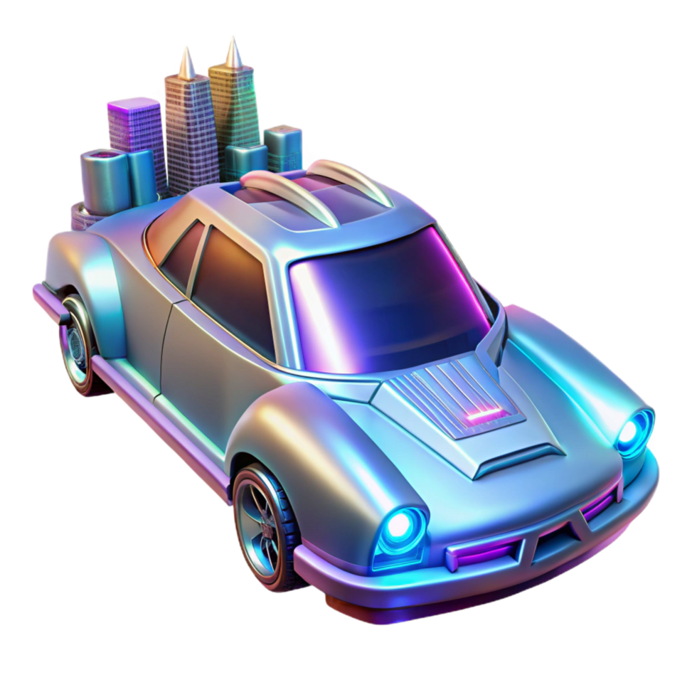 Cityscape Cruiser Retro Car with Skyline A dynamic depiction of a car navigating a world of cityscapes, capturing the essence of retro design in a digital world. png