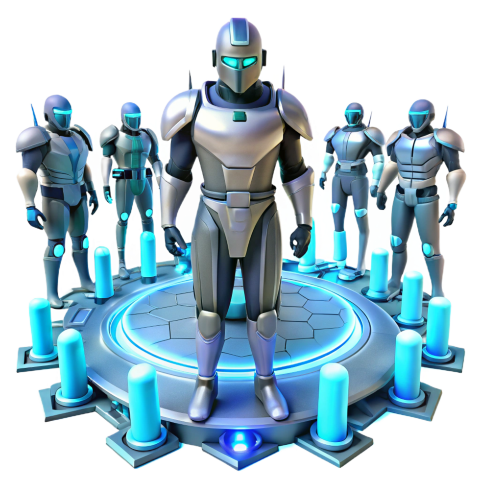 Cybernetic Squad Futuristic Robot Team in a Visionary Three Dimensional Scene of Innovation png