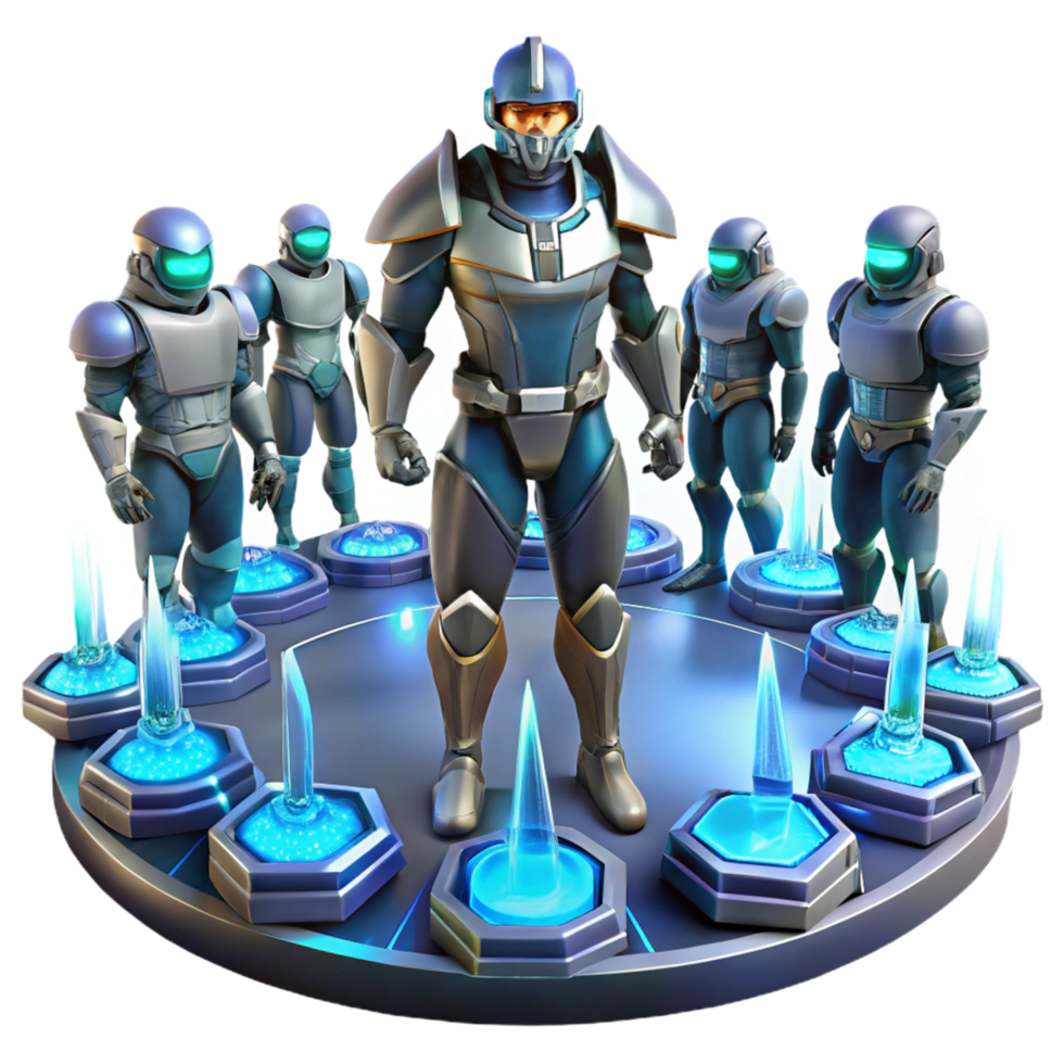 Sci-Fi Team Futuristic Armored Soldiers A dynamic depiction of a team of soldiers navigating a sci-fi world, their armor glowing with futuristic energy. png