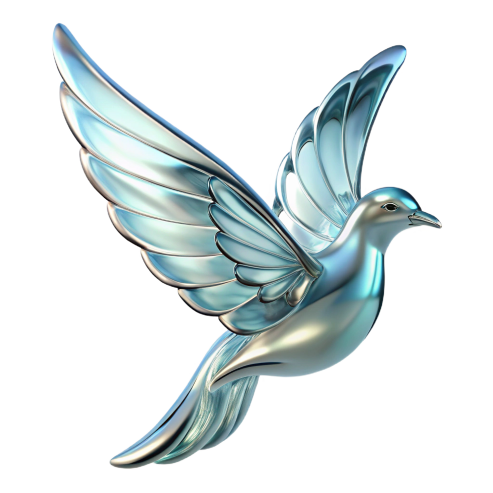 Metallic Dove Sculpture A dynamic depiction of a dove navigating a world of sculptures, its feathers glowing with metallic hues in a digital world. png