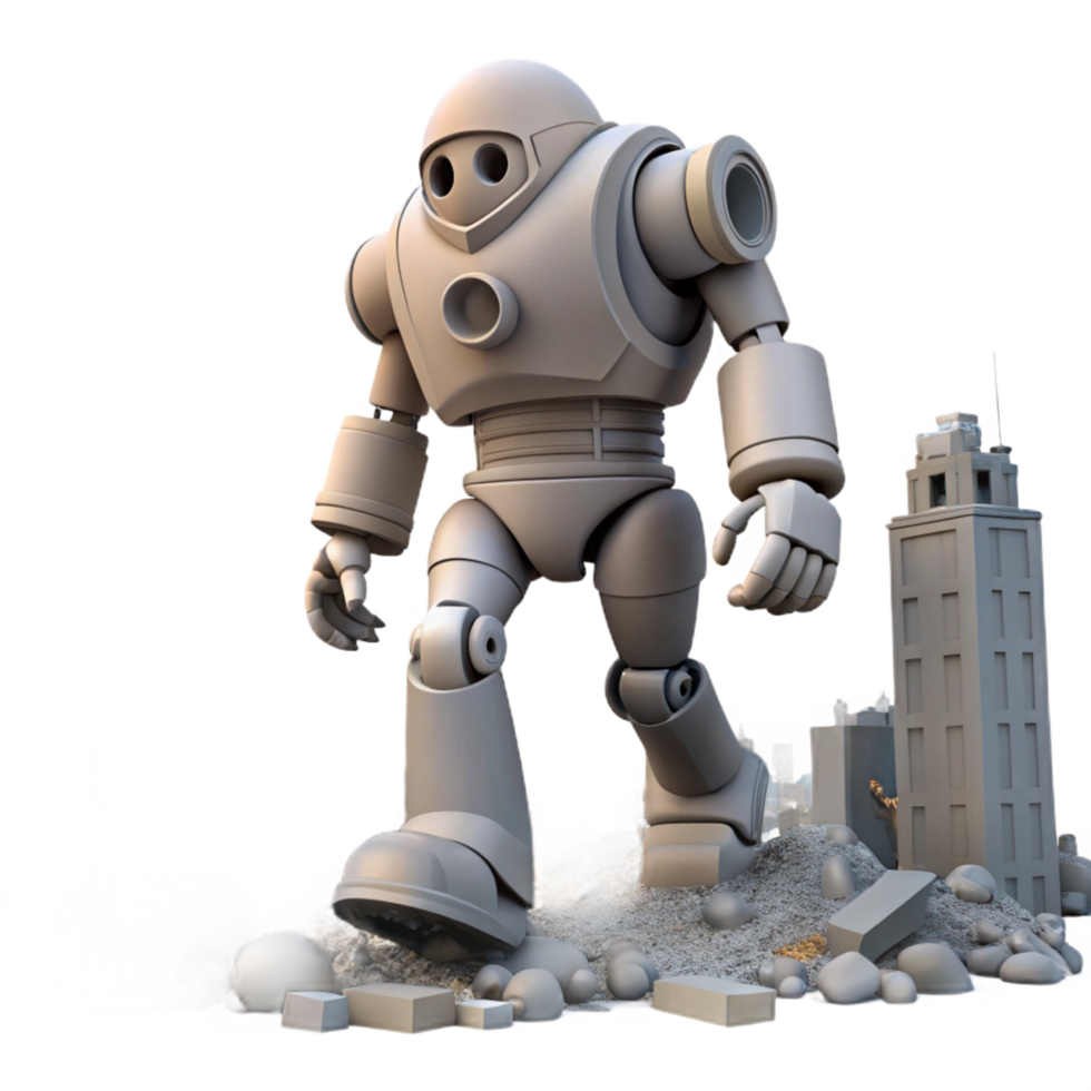 Giant Robot Crushing Cityscape in a Futuristic Three Dimensional Scene of Urban Design png