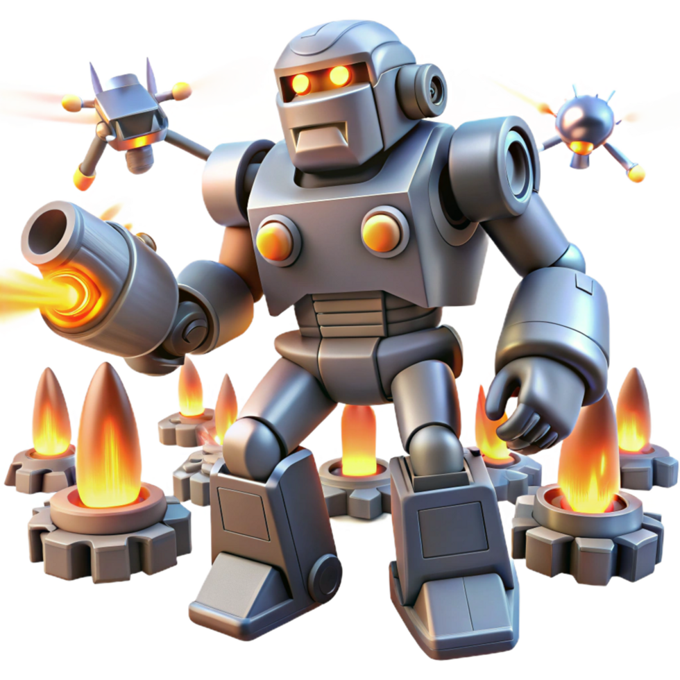 Combat Robot with Flamethrowers A futuristic robot equipped with flamethrowers, ready for battle in a digital world. png