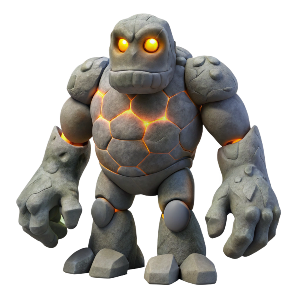 Stone Golem 3D Render A dynamic depiction of a golem navigating a world of stones, captured in a stunning three-dimensional render. png