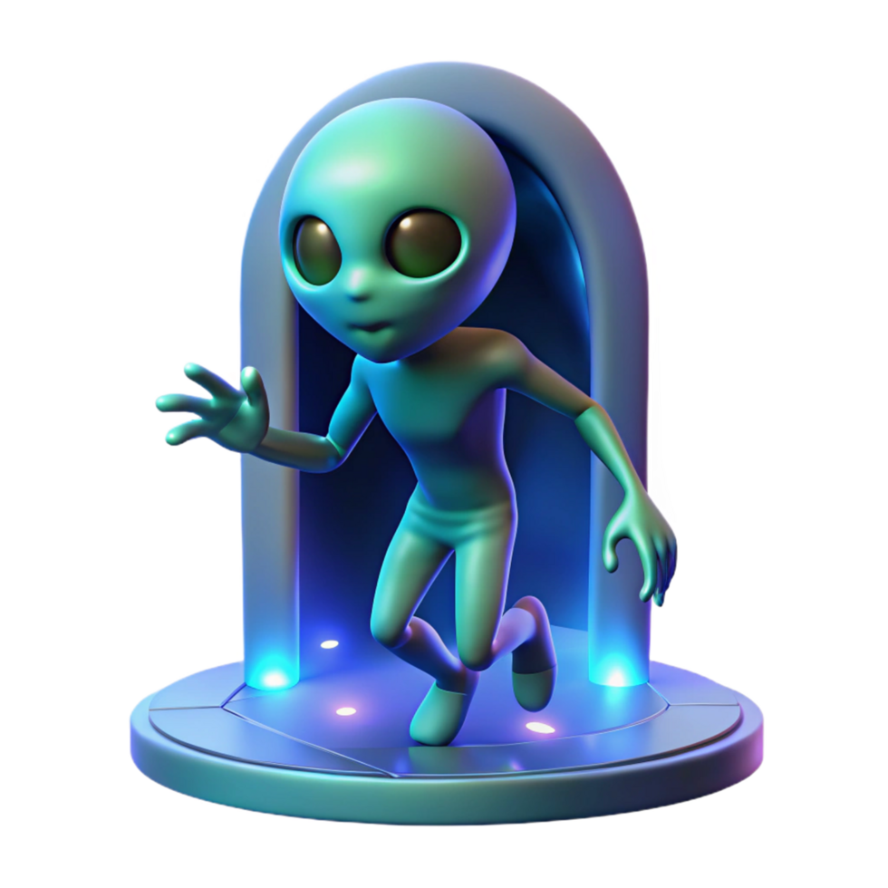 Alien Emerging from Portal A dynamic 3D render of an alien emerging from a portal, capturing the essence of extraterrestrial adventure and intense action. png