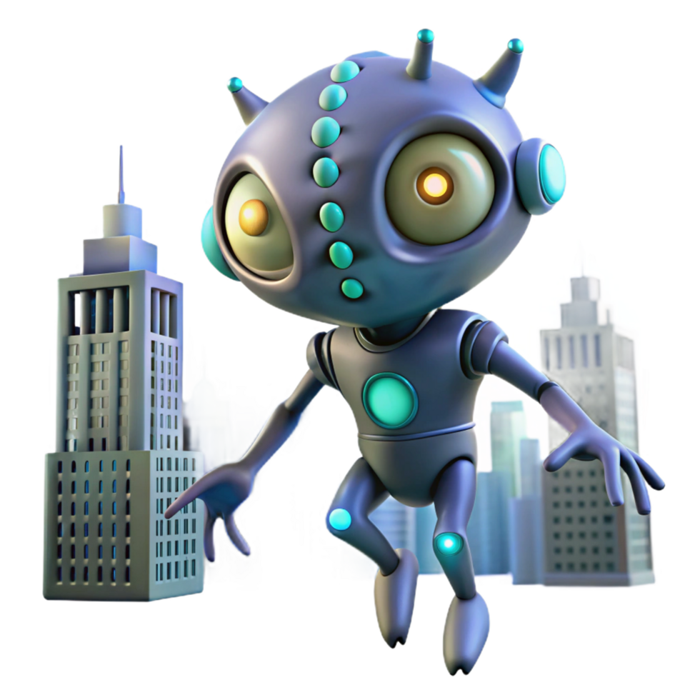 Robot in a Cityscape in a Futuristic Three Dimensional Scene of Technology png