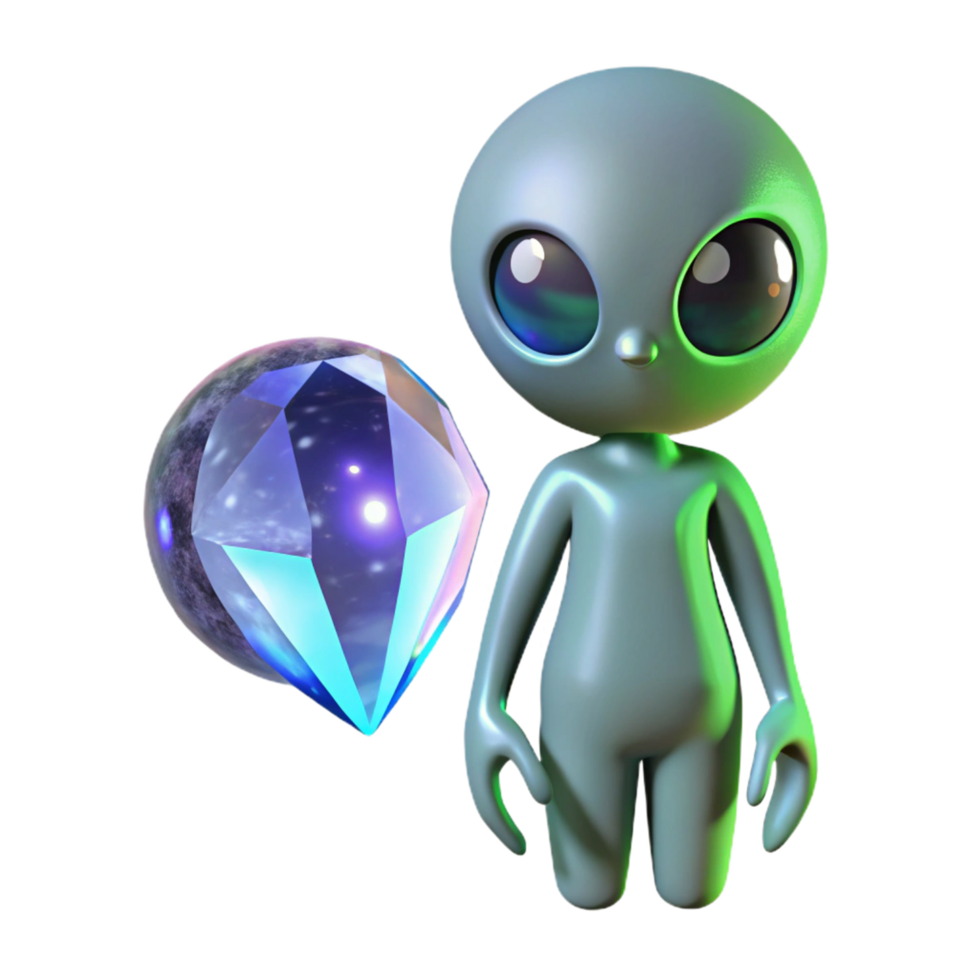 Alien and Crystal Gem A captivating 3D render of an alien interacting with a crystal gem, merging extraterrestrial elements with mystical themes. png